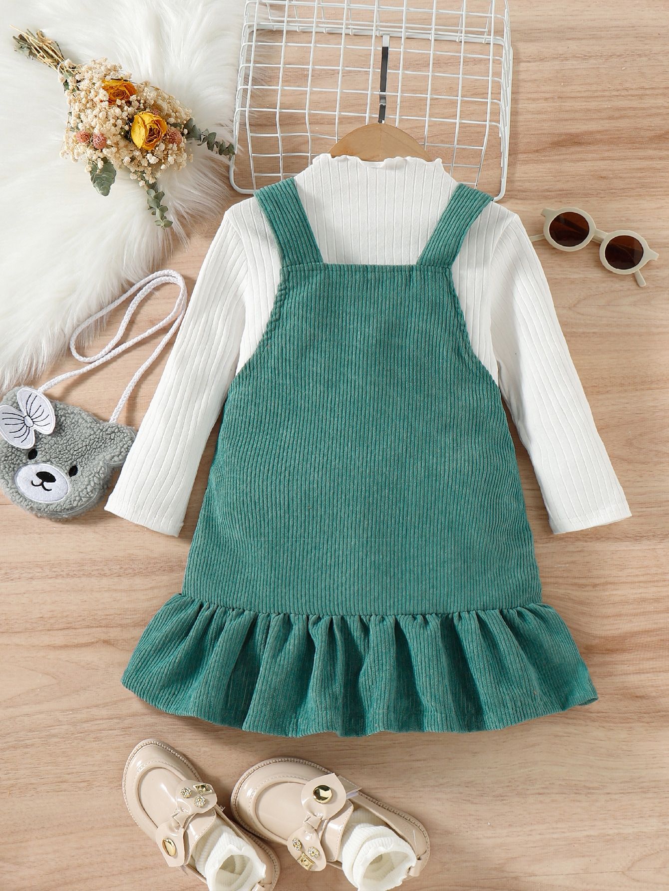 Baby-Girls-Outfit-Set-2023-New-Corduroy-Fishtail-Strap-Skirt-High-Collar-Long-Sleeve-Animal-Diagonal-2