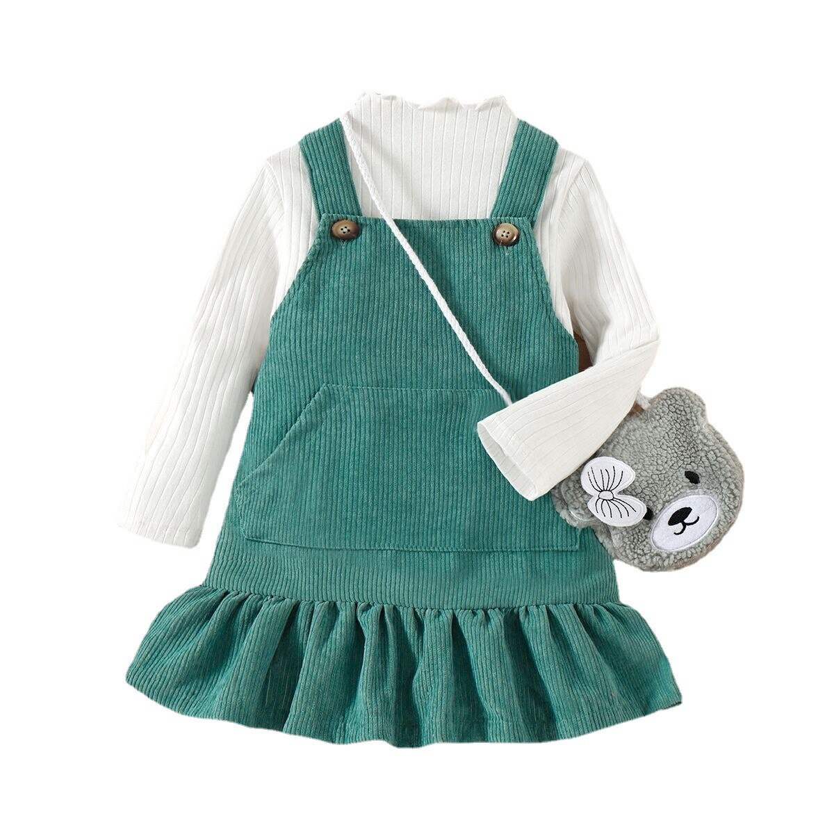 Baby-Girls-Outfit-Set-2023-New-Corduroy-Fishtail-Strap-Skirt-High-Collar-Long-Sleeve-Animal-Diagonal-4