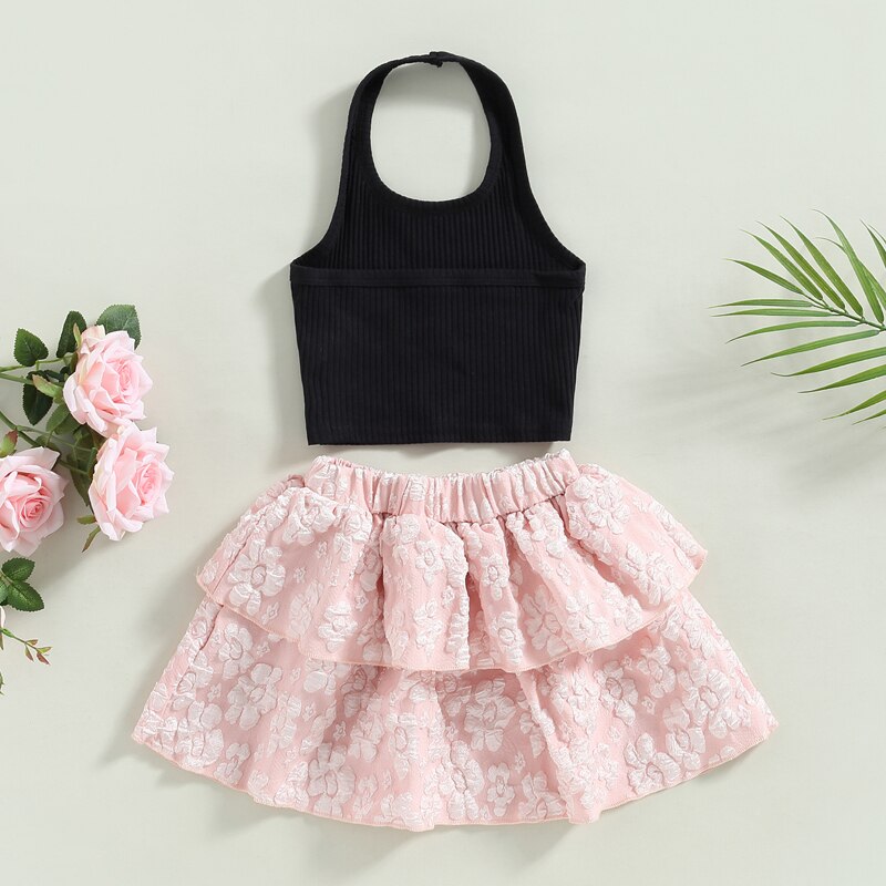 Girl-Summer-Clothes-Set-Casual-Sleeveless-Tank-Tops-and-Elastic-Waist-Double-Layer-Jacquard-Skirt-Children-1