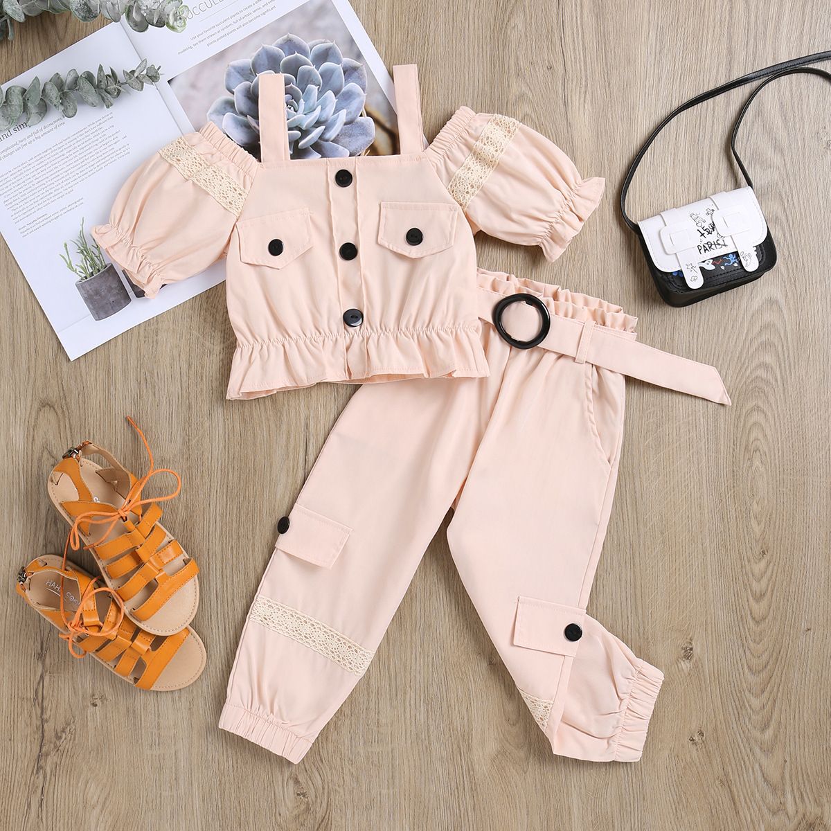 Infant-Baby-Girls-Outfit-Set-2023-New-Solid-Color-Suspenders-Short-Sleeves-Lace-Tops-Long-Belts-2