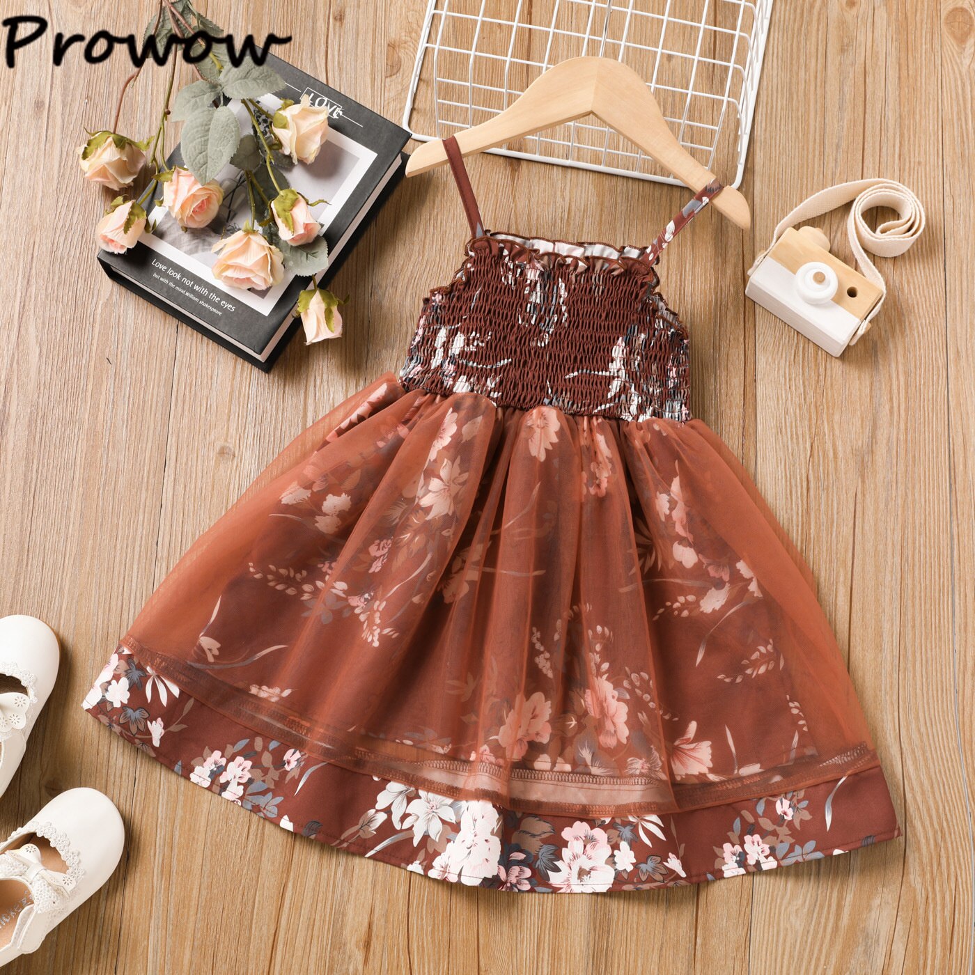 Prowow-2-6Y-Summer-Children-Dresses-Girls-Trendy-Peplum-Spaghetti-Dress-For-Girls-Brown-Floral-Dress-1