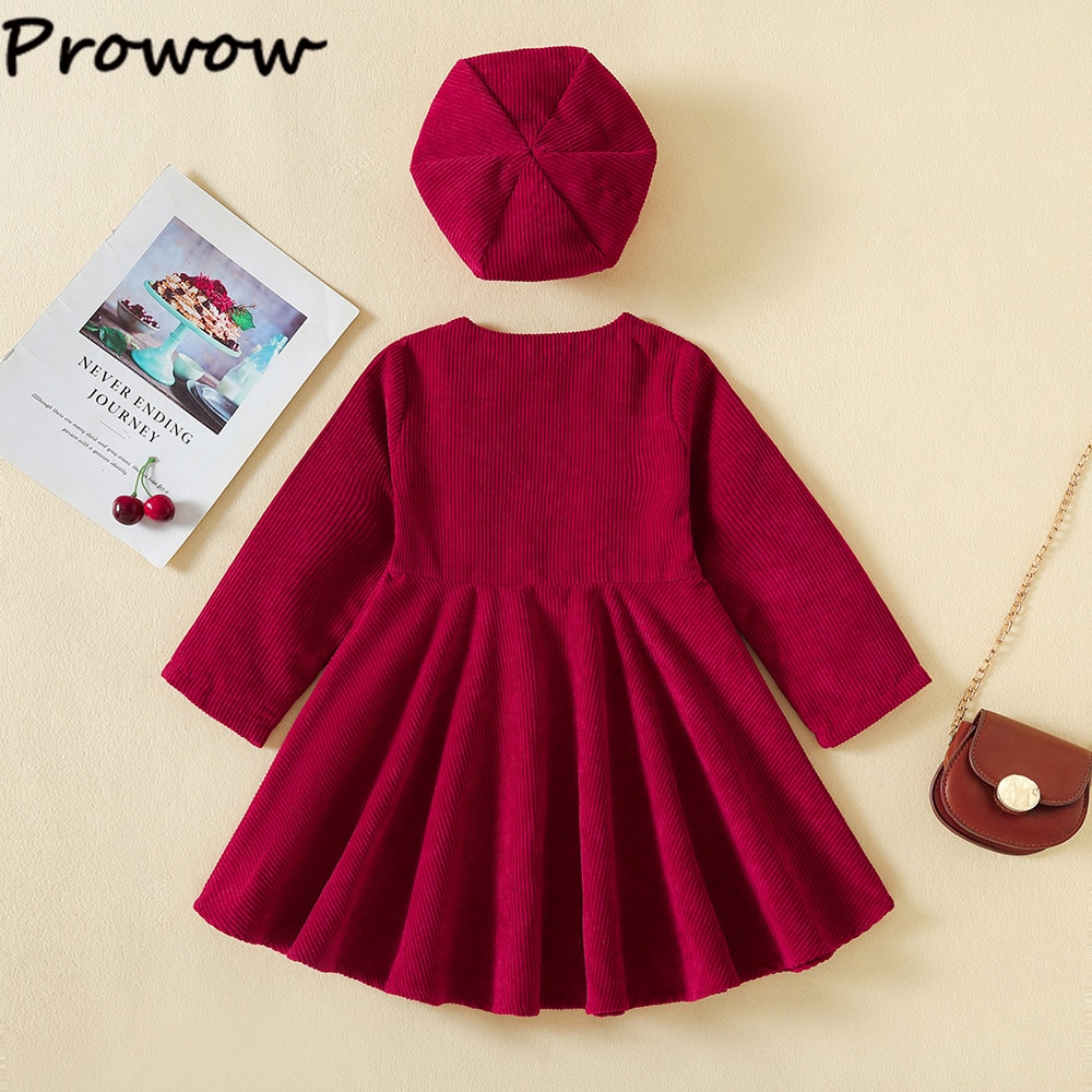 Prowow-4-7Y-Girls-Dress-For-Winter-Long-Sleeve-Solid-Corduroy-Dress-Beret-Hat-Pleated-Wine-1