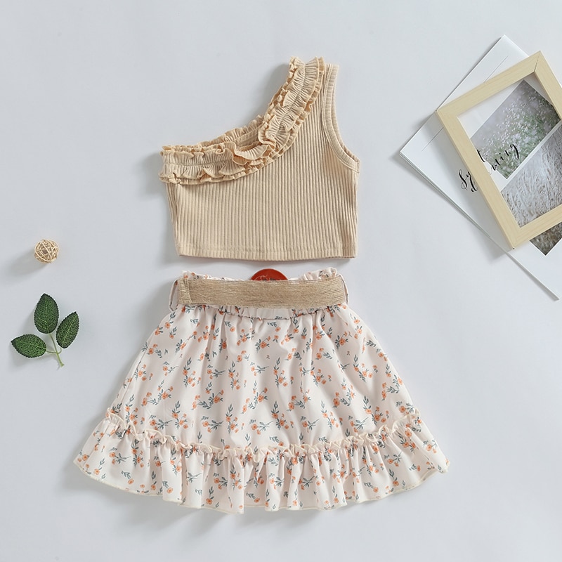 1-6Y-Kids-Girls-Summer-Clothes-Set-Baby-One-Shoulder-Sleeveless-Ruffle-Ribbed-Tops-Floral-Skirts-1