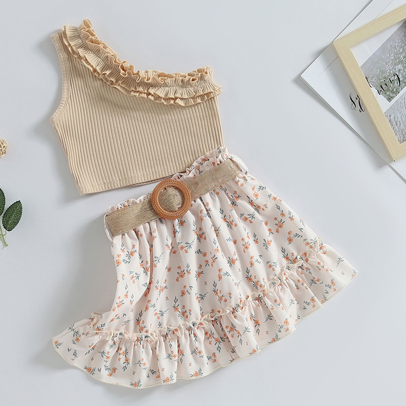 1-6Y-Kids-Girls-Summer-Clothes-Set-Baby-One-Shoulder-Sleeveless-Ruffle-Ribbed-Tops-Floral-Skirts-2