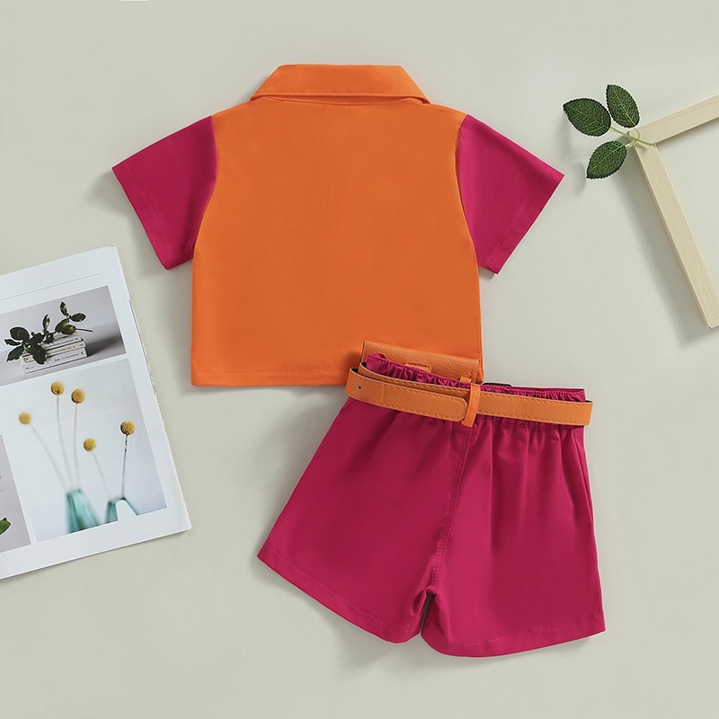 2Pcs-Toddler-Girl-Clothes-Summer-Outfits-Short-Sleeve-Contrast-Color-Shirt-Belted-Shorts-Children-s-Clothing-1