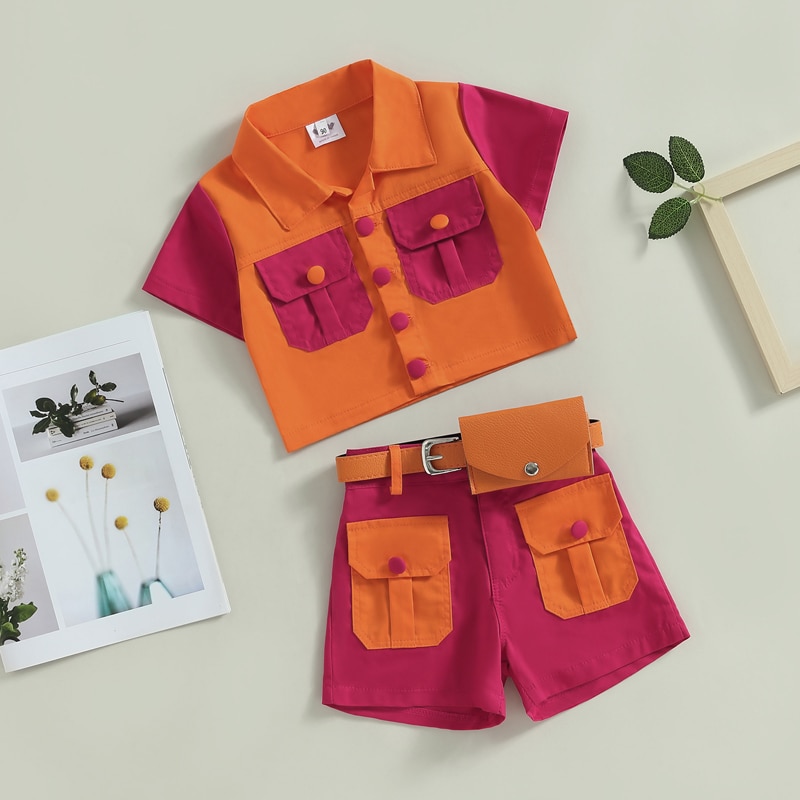 2Pcs-Toddler-Girl-Clothes-Summer-Outfits-Short-Sleeve-Contrast-Color-Shirt-Belted-Shorts-Children-s-Clothing-2