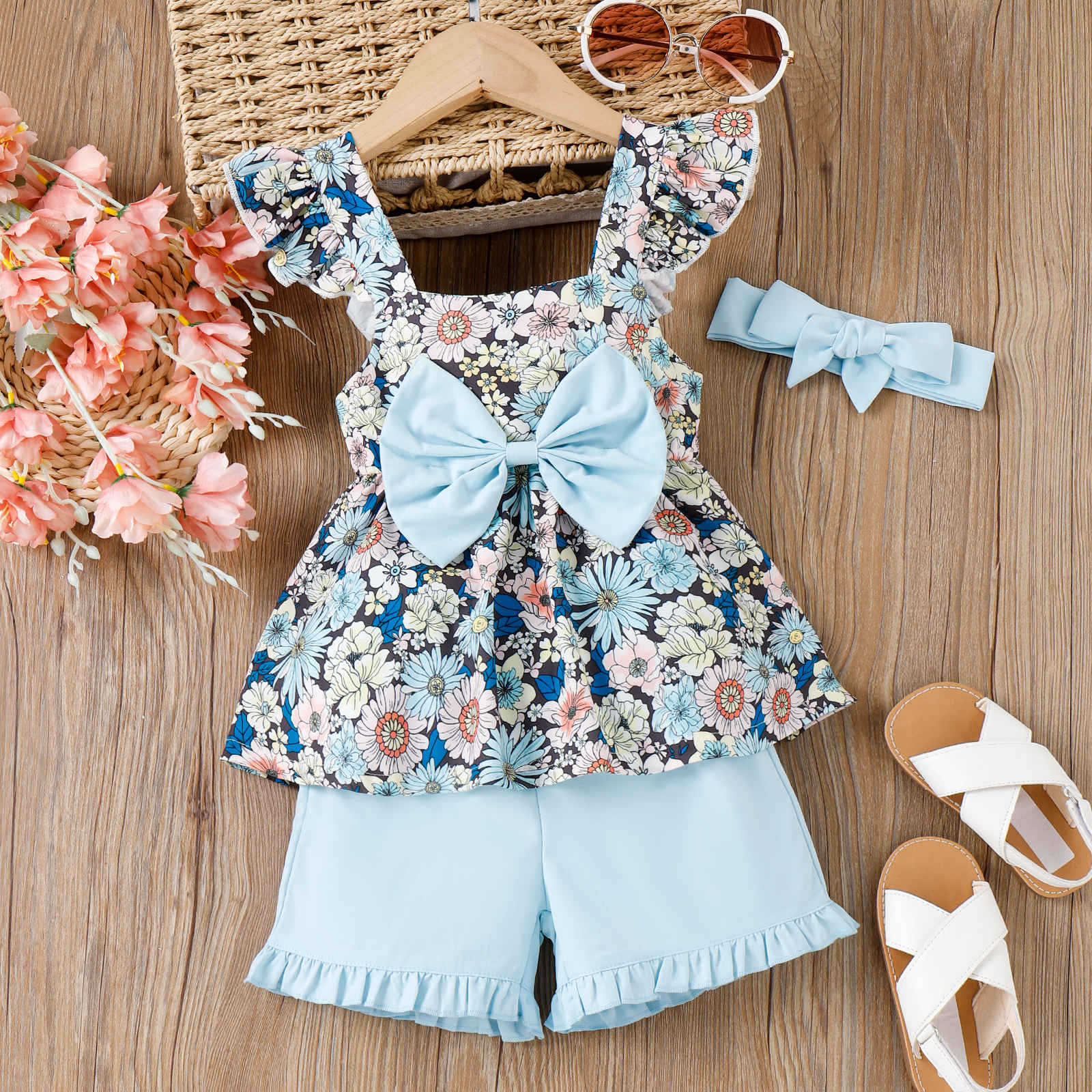 4-7T-Fashion-Girls-Clothing-Sets-2023-Summer-Kids-Clothes-Strap-Fly-Sleeve-Printed-Bow-Tops-1