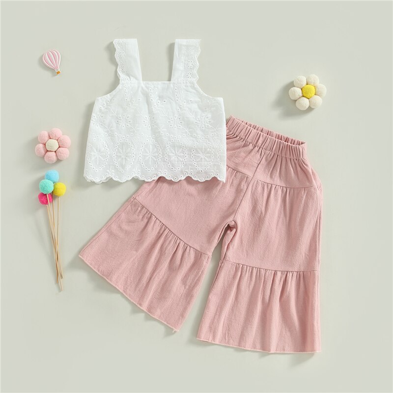 Girls-Clothing-Set-Solid-Color-Sleeveless-Lace-Tank-Tops-and-Casual-Wide-Leg-Pants-Kids-Fashion-2