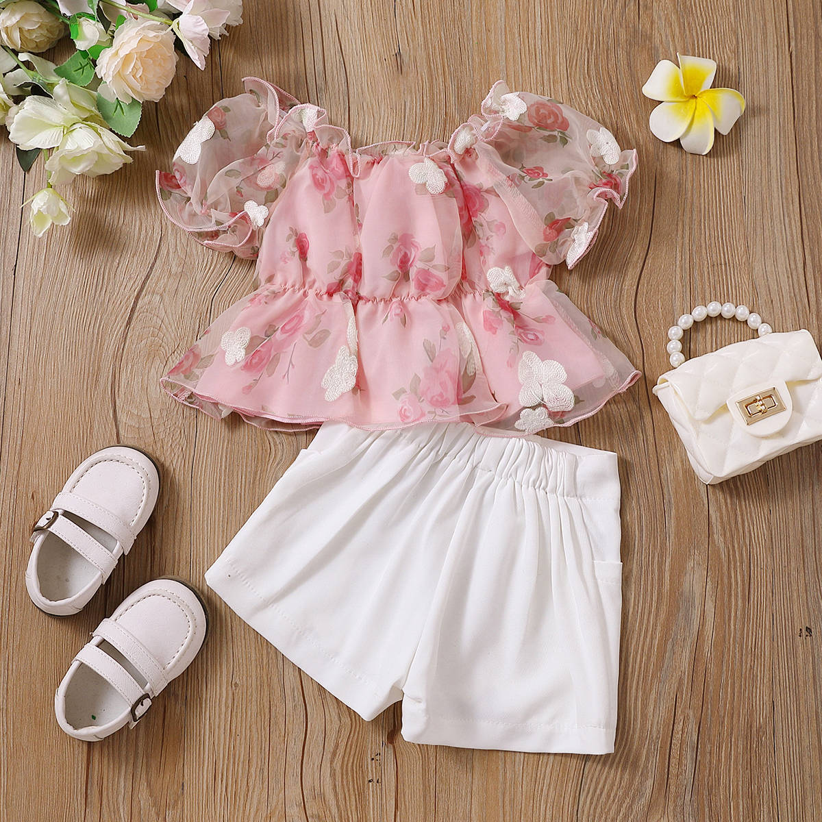 Kid-Baby-Girls-Clothes-Summer-Organza-Floral-Print-Embroidered-Lace-Bubble-Sleeves-Twisted-Button-Shorts-Fashion-1