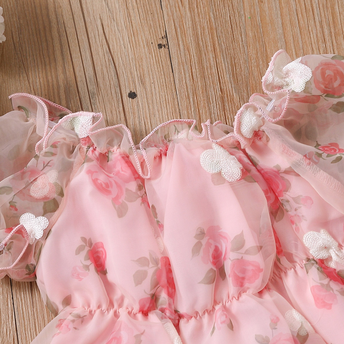 Kid-Baby-Girls-Clothes-Summer-Organza-Floral-Print-Embroidered-Lace-Bubble-Sleeves-Twisted-Button-Shorts-Fashion-2