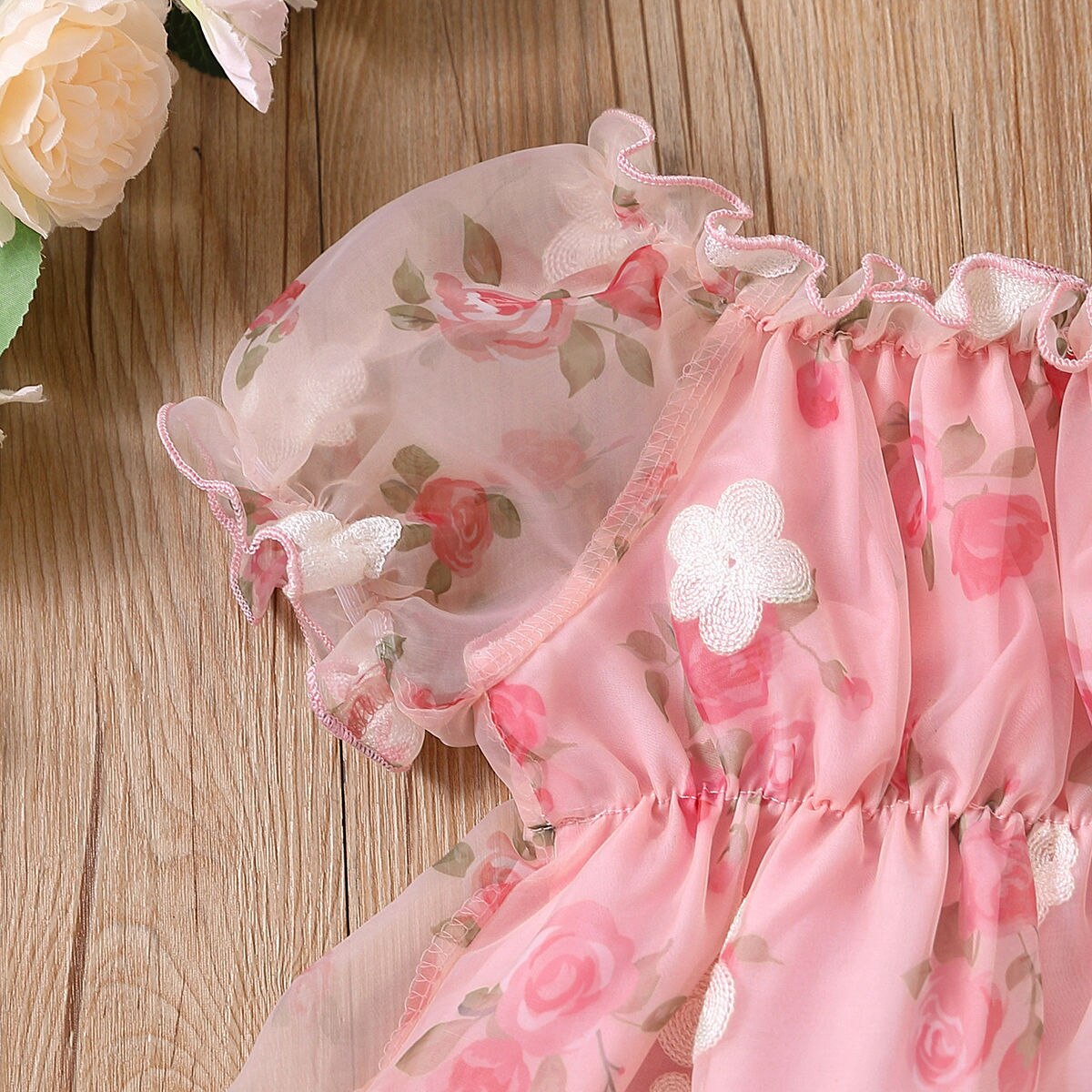 Kid-Baby-Girls-Clothes-Summer-Organza-Floral-Print-Embroidered-Lace-Bubble-Sleeves-Twisted-Button-Shorts-Fashion-3