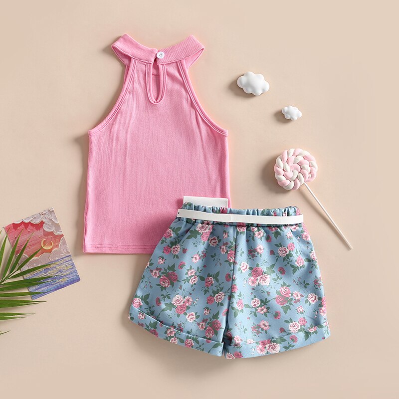 Kids-Clothes-Girls-Summer-Set-2PCS-Outfits-Sleeveless-Ruffle-Tank-Tops-Belted-Floral-Shorts-Children-s-1