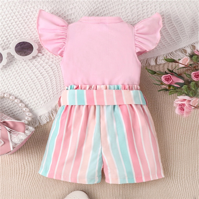 Summer-Girls-Clothing-Sets-Casual-Fly-Sleeve-Round-Neck-Pink-Tops-Striped-Shorts-with-Belt-Baby-1