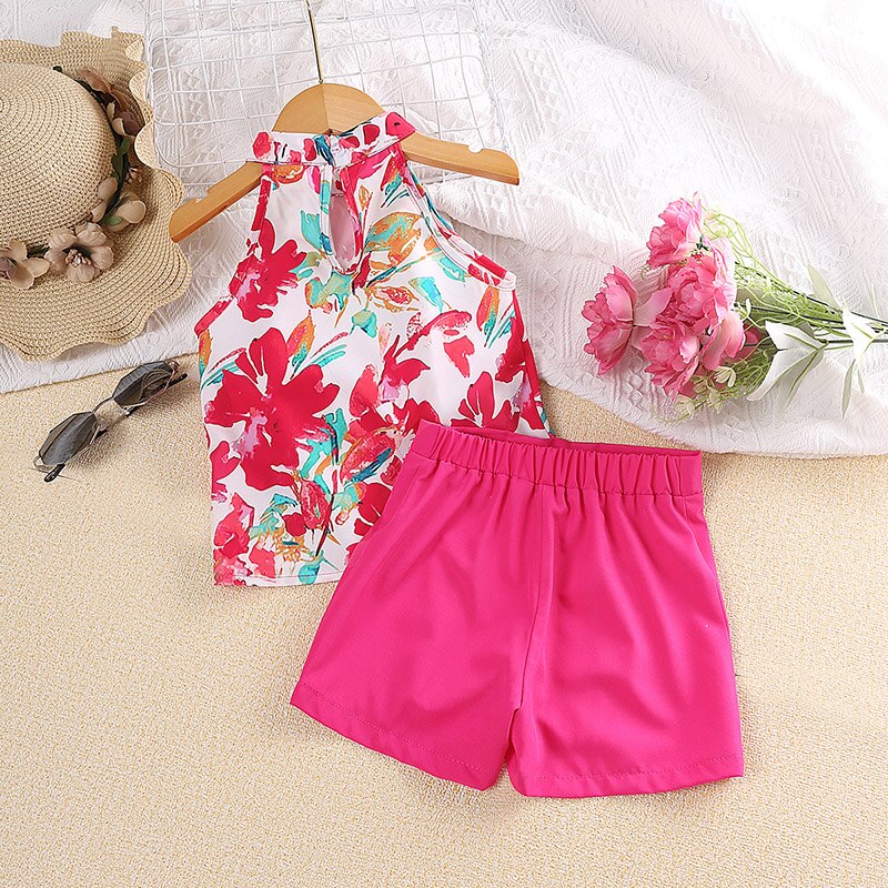2023-Girls-Summer-Suit-Hanging-Neck-Sleeveless-Printed-Top-And-Solid-Color-Button-Decorated-Shorts-Polyester-1