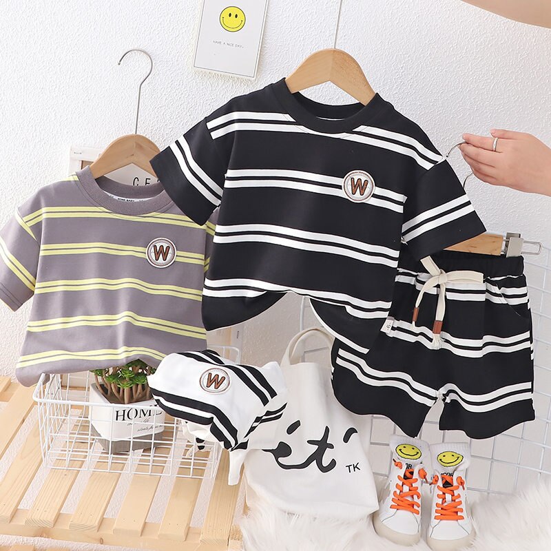 New-Baby-Boys-Girls-Summer-Clothes-Cotton-Strips-Sports-Suit-Infant-T-Shirt-Shorts-Children-Clothing-1