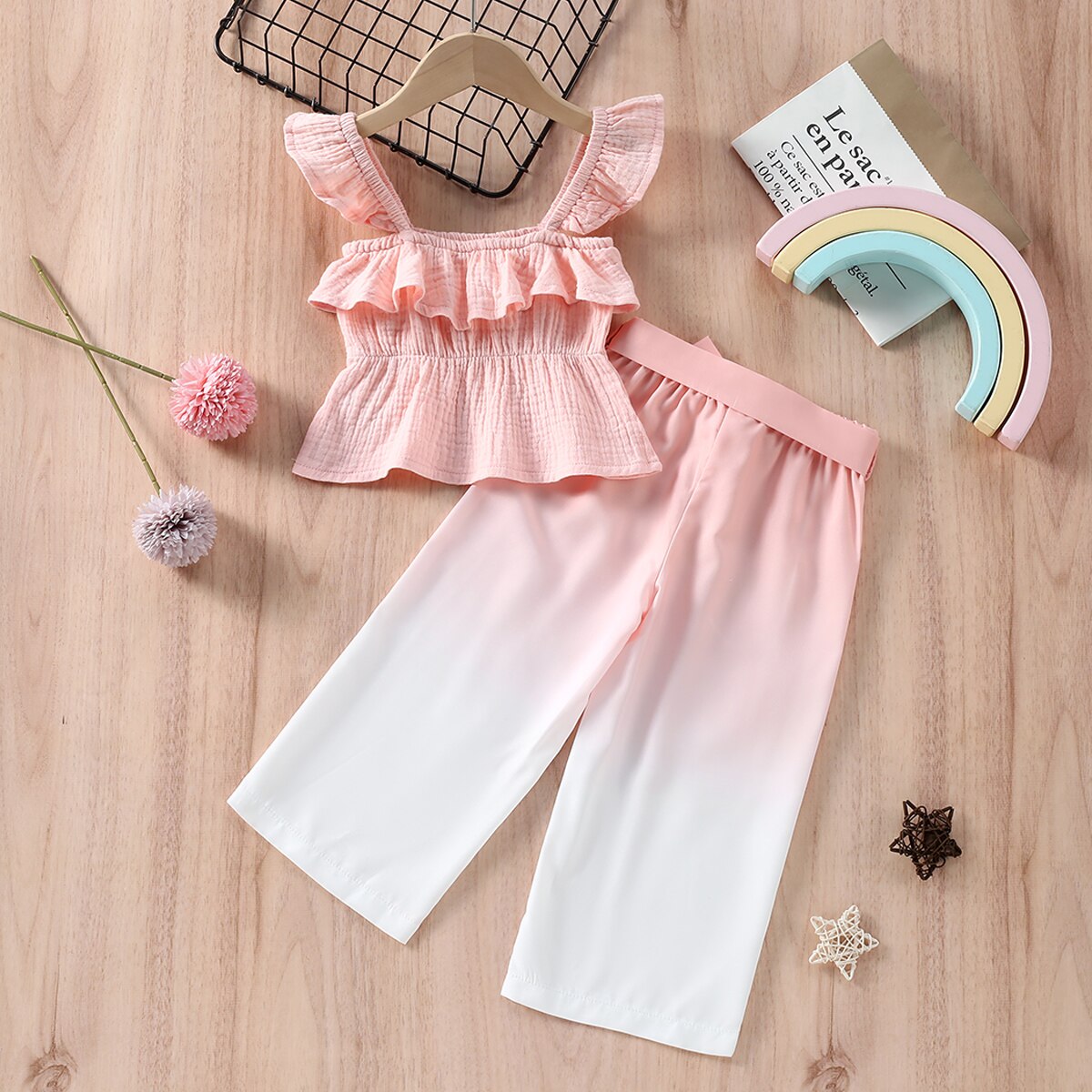 PatPat-2pcs-Toddler-Girl-Ruffled-Crepe-Camisole-and-Belted-Gradient-Color-Pants-Set-1
