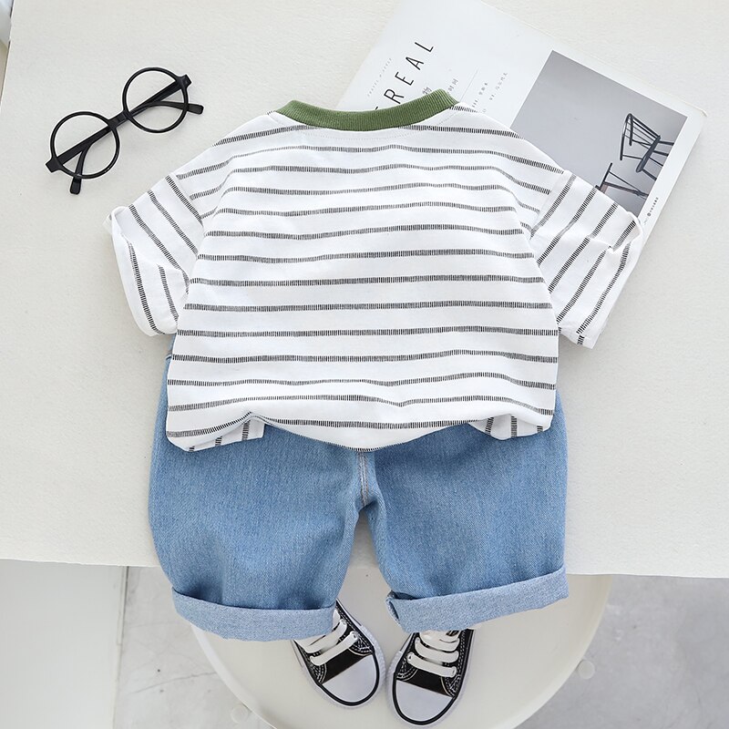 Summer-New-Baby-Boys-Clothing-Letter-Print-Stripe-Short-Sleeve-Denim-shorts-children-s-clothes-set-2