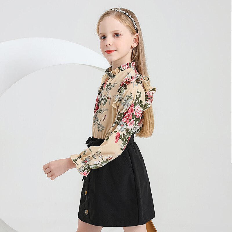 Spring-And-Autumn-Girl-Set-Crewneck-Printed-Long-sleeved-Lace-Top-And-Solid-Color-Lace-up-2