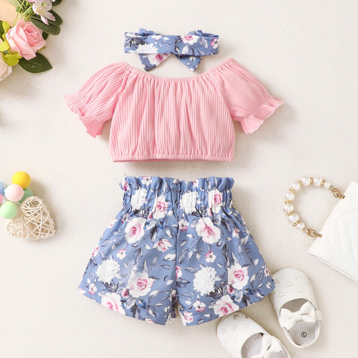 Baby-girl-pink-round-necked-button-short-sleeved-shirt-flower-print-shorts-suit-1