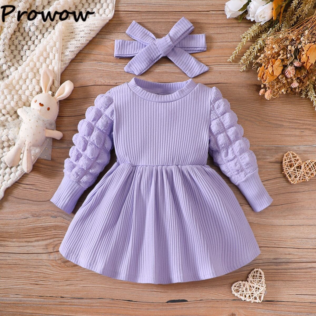 Prowow-3-24M-Baby-Dresses-Winter-Long-Puffy-Sleeve-Solid-Korean-Dress-For-Girls-With-Headband-1