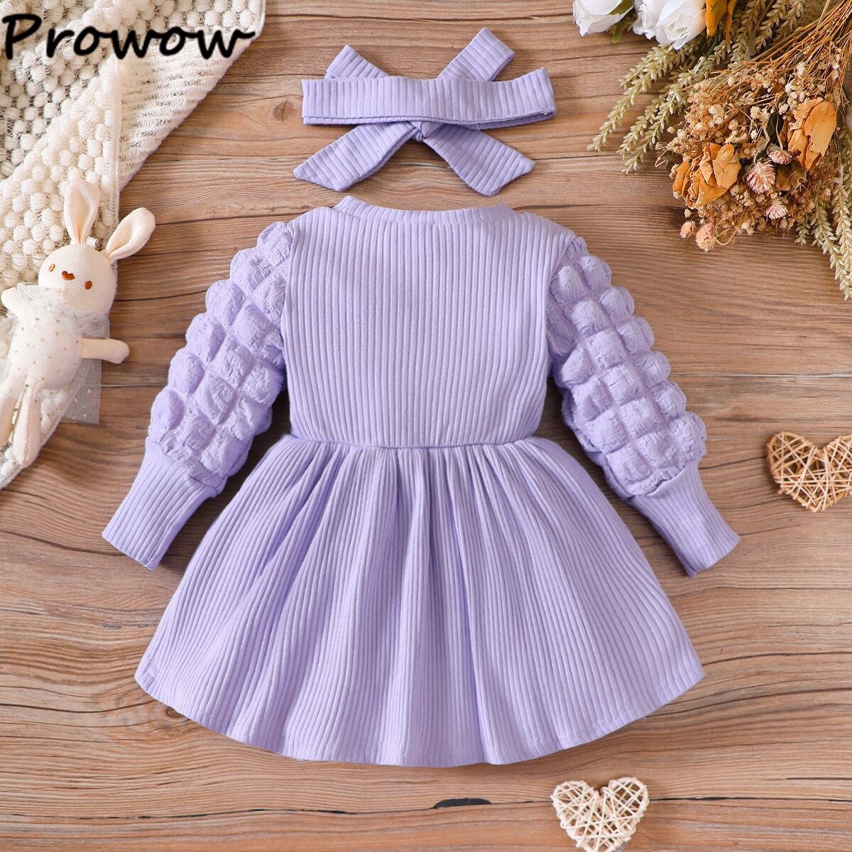 Prowow-3-24M-Baby-Dresses-Winter-Long-Puffy-Sleeve-Solid-Korean-Dress-For-Girls-With-Headband-2