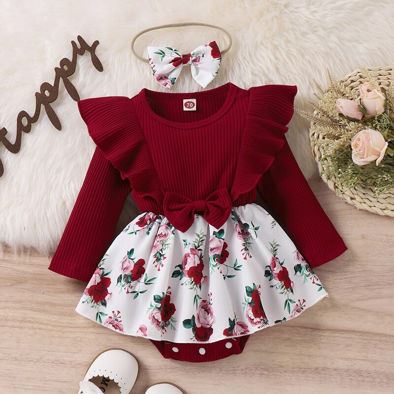 Infant-Baby-Girl-Spring-Autumn-Jumpsuit-Ribbed-Flora-Print-Patchwork-Ruffled-Long-Sleeve-Romper-Dress-Bow-2